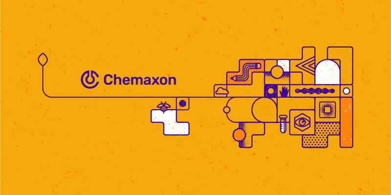 Chemaxon logo and illustration in purple and dark yellow