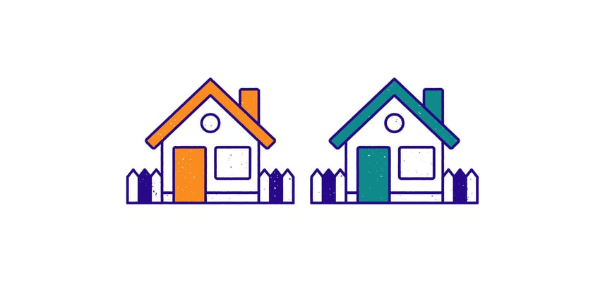 An illustration of two houses side by side, one orange and one green, representing different types of cloud tenancy