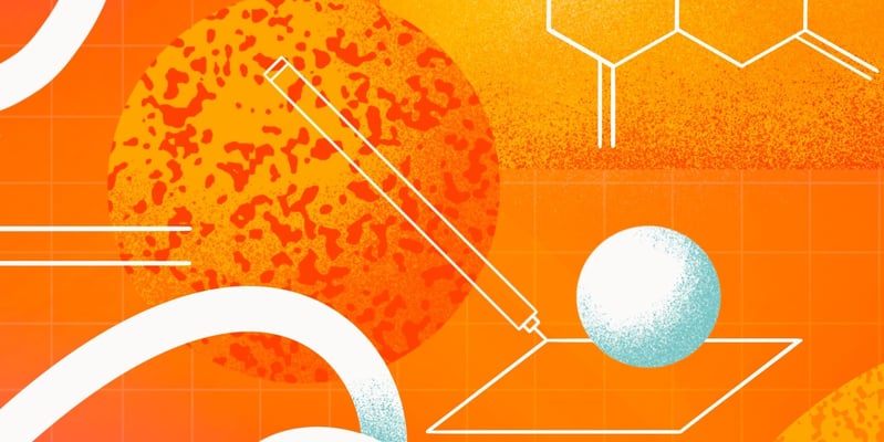 Illustration with planets and chemical elements in orange and white